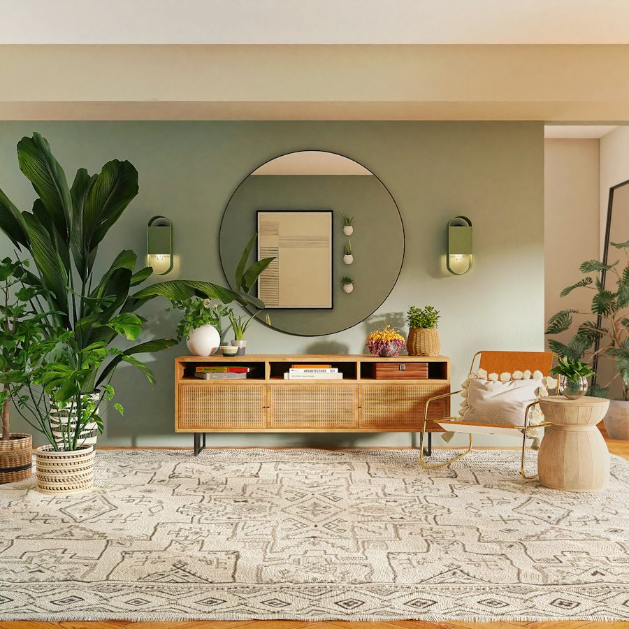 Living room with a sage-green wall, round mirror, rattan sideboard, leafy plants, and a patterned rug